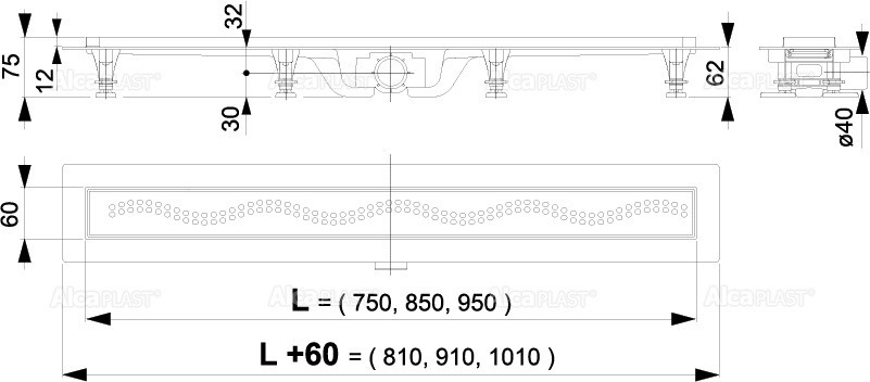 Alca Caniveau de douche universel avec grille perforée 75x14,5x8cm +  Manchon PVC 40 à Joint et à Coller (CPZ8-750M-M) - Livea Sanitaire