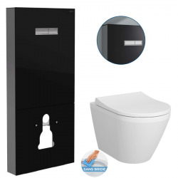 Pack WC Bâti support en verre trempé/aluminium brossé avec plaque intégrée, Noir + WC sans bride Integra + Abattant softclose