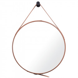 Miroir à suspendre rond 50x50 cm avec lanière en cuir, Marron (ZREM50H)