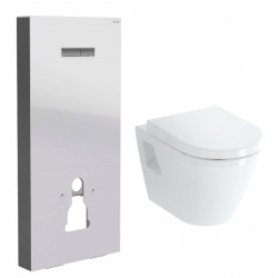 Pack WC Bâti support en verre trempé/aluminium brossé avec plaque intégrée, Blanc + WC sans bride SAT + Abattant softclose