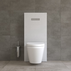 Pack WC Bâti support en verre trempé/aluminium brossé avec plaque intégrée, Blanc + WC sans bride SAT + Abattant softclose