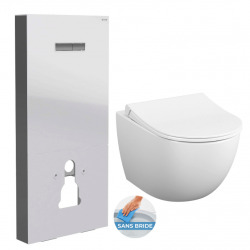 Pack WC Bâti support en verre trempé/aluminium brossé avec plaque intégrée, Blanc + WC sans bride SAT + Abattant softclose