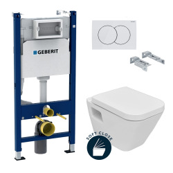 Pack WC bâti Duofix 112cm + Plaque blanche Delta20 + Cuvette carrée suspendue DG10 + Abattant softclose (DG10Geb3)