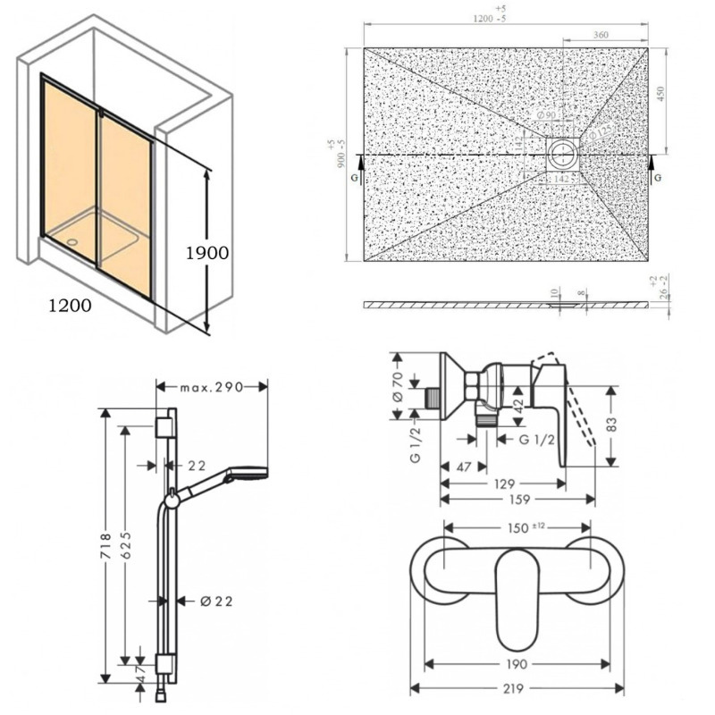 HÜPPE Pack douche Porte coulissante 120cm + Set de douche Hansgrohe