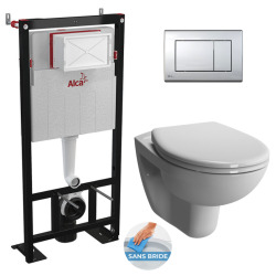 Pack WC Bâti autoportant + WC suspendu VITRA S50 + Abattant avec frein de chute + Plaque blanche (AlcaS50-M271)