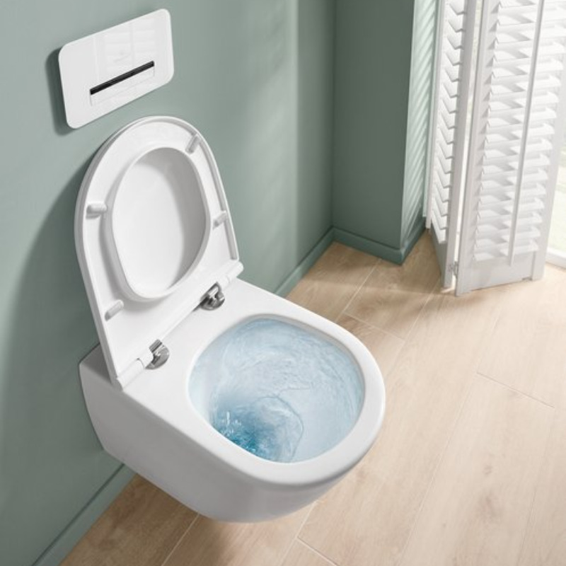 Villeroy & Boch Universo Combipack WC suspendu sans bride à fond creux  TwistFlush + Abattant amovible avec frein de chute, Blanc (4670T901)