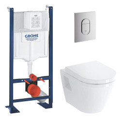 Pack WC Bâti autoportant Grohe + Vitra Integra WC suspendu + Abattant en Duroplast + Plaque chrome (ProjectIntegraClassic-8)