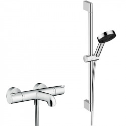 Ecostat Set Mitigeur Thermostatique bain/douche + Douchette à main XXL 105mm 3 jets, flexible douche 125cm, barre 65cm, Chrome