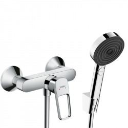 Set Logis Loop Mitigeur bain/douche + Douchette à main XXL 105mm + Flexible de douche 125cm et support mural, Chrome