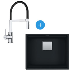 Kubus Evier sous plan 56x46cm Fragranit+, Noir mat + Mitigeur cuisine 205x410mm semi-pro avec douchette extractible, Chrome/Noir