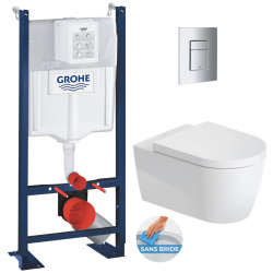 Pack WC Bâti-support autoportant  + WC sans bride Duravit Me by Starck, HygieneGlaze + Abattant softclose + Plaque chrome mat