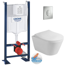 Pack WC Bâti-support autoportant + WC sans bride SAPHO Avva + Abattant softclose + Plaque Chrome (ProjectAvva-2)