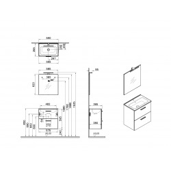 Lot de 4 Meuble Mia 59x61x39,5 cm pour salle de bain avec miroir, lavabo et éclairage LED, Cordoba (MIASET60C-GVP04)