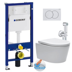 Pack WC Bâti-support Duofix + WC sans bride SAT, fixations invisibles + Abattant softclose + Douchette de bidet + Plaque blanche