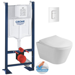 Grohe Pack WC Bâti autoportant + WC sans bride Avva + Abattant softclose + Plaque blanche (ProjectAvva-4)