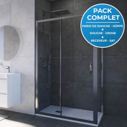 Receveur Satalek 120x80cm, Blanc + Porte de douche 120cm + Set de douche Grohe avec Mitigeur thermostatique, douchette 2 jets