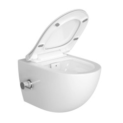 Pack WC Bâti support en verre trempé/aluminium brossé avec plaque intégrée, Blanc + WC sans bride SAT + Abattant softclose