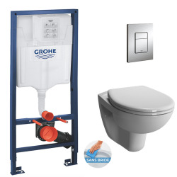 Pack WC Bâti-support Rapid SL + Cuvette suspendue Cersanit S-line + Abattant classique + Plaque Chrome (GROHE-S-LinePro-1)