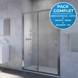 HÜPPE Pack douche complet : Porte coulissante 120cm + Paroi latérale 80cm +  Set de douche Grohe + Receveur Satalek 120x80cm Blanc - Livea Sanitaire