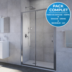 Receveur Satalek 120x80cm, Blanc + Porte de douche 120cm + Set de douche Grohe avec Mitigeur thermostatique, douchette 2 jets