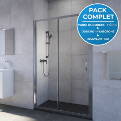 Pack douche Porte coulissante 120cm + Set de douche avec mitigeur Hanshrohe + Receveur Satalek 120x80cm, Noir