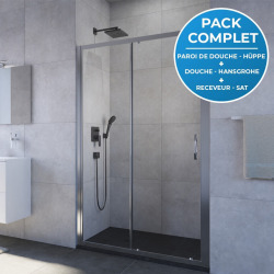 Pack douche Porte coulissante 120cm + Set de douche avec mitigeur Hanshrohe + Receveur Satalek 120x80cm, Noir