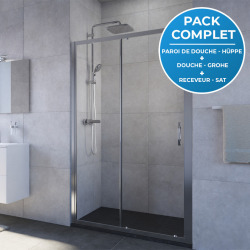 Pack douche Porte coulissante 120cm + Set de douche avec mitigeur Hanshrohe + Receveur Satalek 120x80cm, Noir