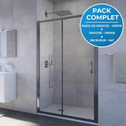 Receveur Satalek 120x80cm, Blanc + Porte de douche 120cm + Set de douche Grohe avec Mitigeur thermostatique, douchette 2 jets