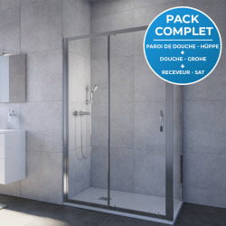 Receveur Satalek 120x80cm, Blanc + Porte de douche 120cm + Set de douche Grohe avec Mitigeur thermostatique, douchette 2 jets