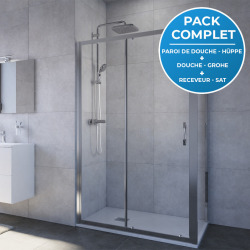 Receveur Satalek 120x80cm, Blanc + Porte de douche 120cm + Set de douche Grohe avec Mitigeur thermostatique, douchette 2 jets