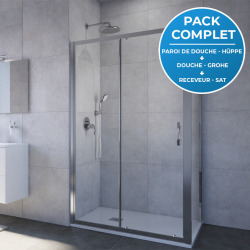 Receveur Satalek 120x80cm, Blanc + Porte de douche 120cm + Set de douche Grohe avec Mitigeur thermostatique, douchette 2 jets