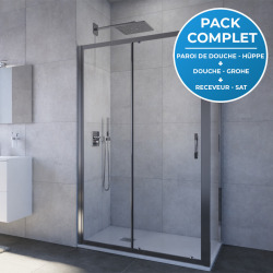 Receveur Satalek 120x80cm, Blanc + Porte de douche 120cm + Set de douche Grohe avec Mitigeur thermostatique, douchette 2 jets