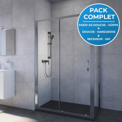 Pack douche Porte coulissante 120cm + Set de douche avec mitigeur Hanshrohe + Receveur Satalek 120x80cm, Noir