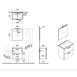 Set Mia ensemble meuble 59x61x39,5cm avec miroir, lavabo, éclairage LED + armoire 145x35x35cm, Anthracite brillant