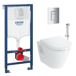 Pack WC Bâti-support Rapid SL + Cuvette suspendue Cersanit S-line + Abattant classique + Plaque Chrome (GROHE-S-LinePro-1)