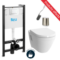 Pack WC Bâti-support Duofix + WC sans bride SAT + Abattant softclose + Plaque blanche + Brosse de toilette grise