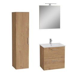 Set Mia Meuble 59x61x39,5 cm pour salle de bain avec miroir, lavabo et éclairage LED + armoire 145x35x35 cm, Chêne