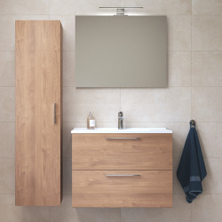 Set Mia Meuble 79x61x39,5 cm pour salle de bain avec miroir, lavabo et éclairage LED + armoire 145x35x35 cm, Chêne