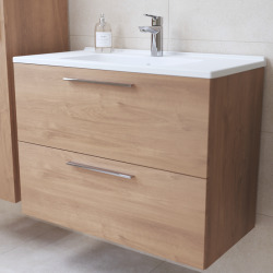 Set Mia Meuble 79x61x39,5 cm pour salle de bain avec miroir, lavabo et éclairage LED + armoire 145x35x35 cm, Chêne