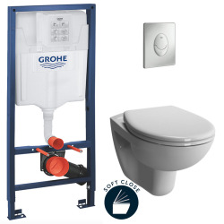Pack WC Bâti-support Rapid SL + Cuvette suspendue Cersanit S-line + Abattant classique + Plaque Chrome (GROHE-S-LinePro-1)