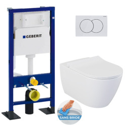 Pack WC Bâti-support autoportant + WC suspendu SAPHO Avva sans bride + Abattant softclose + Plaque blanche (AvvaGebATP-1)