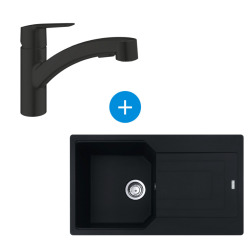 Kubus Evier sous plan 56x46cm Fragranit+, Noir mat + Mitigeur cuisine 205x410mm semi-pro avec douchette extractible, Chrome/Noir