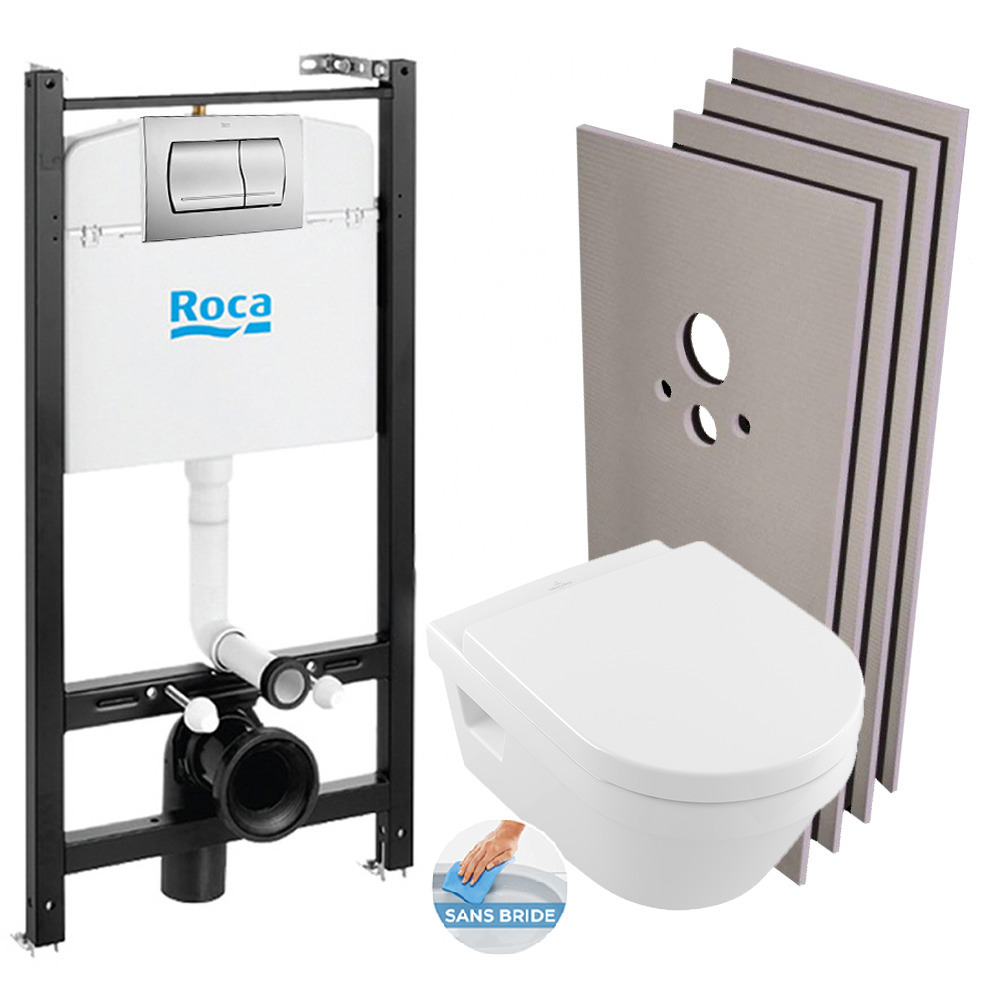 Pack WC : Bâti Villeroy&Boch + WC sans bride + Plaque chrome mat - Livea