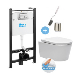 Pack Bâti-support Roca Active + WC sans bride et fixations invisibles + plaque chrome mat + Brosse de toilette Bâti-support Roca