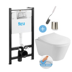 Pack Bâti-support Roca Active + Lucco WC sans bride et fixations invisibles + plaque chrome mat + brosse de toilette