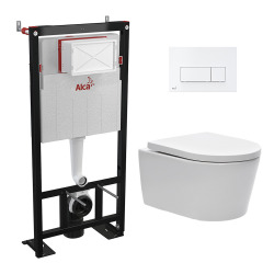 Set bati support autoportant + WC suspendu sans bride, fixations invisibles + plaque double touche blanche (AlcaSATrimless-4)