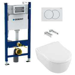 Geberit Pack WC Bâti support + WC Villeroy & Boch Arceauslim sans bride + abattant SoftClose + Plaque Blanche (ArceauSlimGeb3)