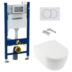 Geberit Pack WC Bâti support + WC Villeroy & Boch Arceauslim sans bride + abattant SoftClose + Plaque Blanche (ArceauSlimGeb3)