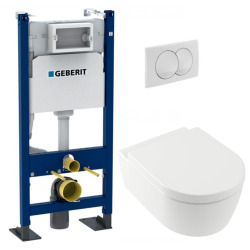 Geberit Pack WC Bâti support + WC Villeroy & Boch Arceauslim sans bride + abattant SoftClose + Plaque Blanche (ArceauSlimGeb3)