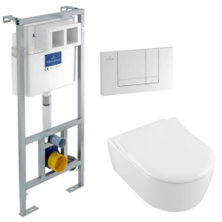 Geberit Pack WC Bâti support + WC Villeroy & Boch Arceauslim sans bride + abattant SoftClose + Plaque Blanche (ArceauSlimGeb3)